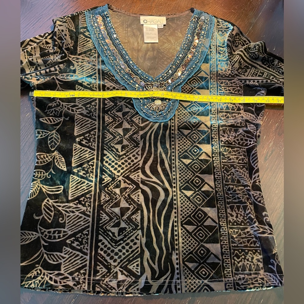 Vintage Unique Chagall Velvet Burnout Brown/Teal Top - Picture 7 of 10